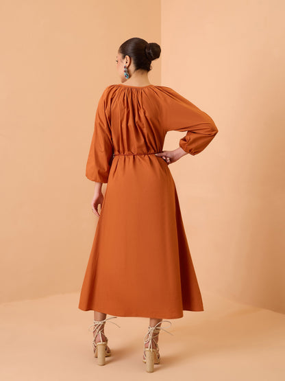 Women Rust Poplin Embroidered Neck Dori Midi Dress