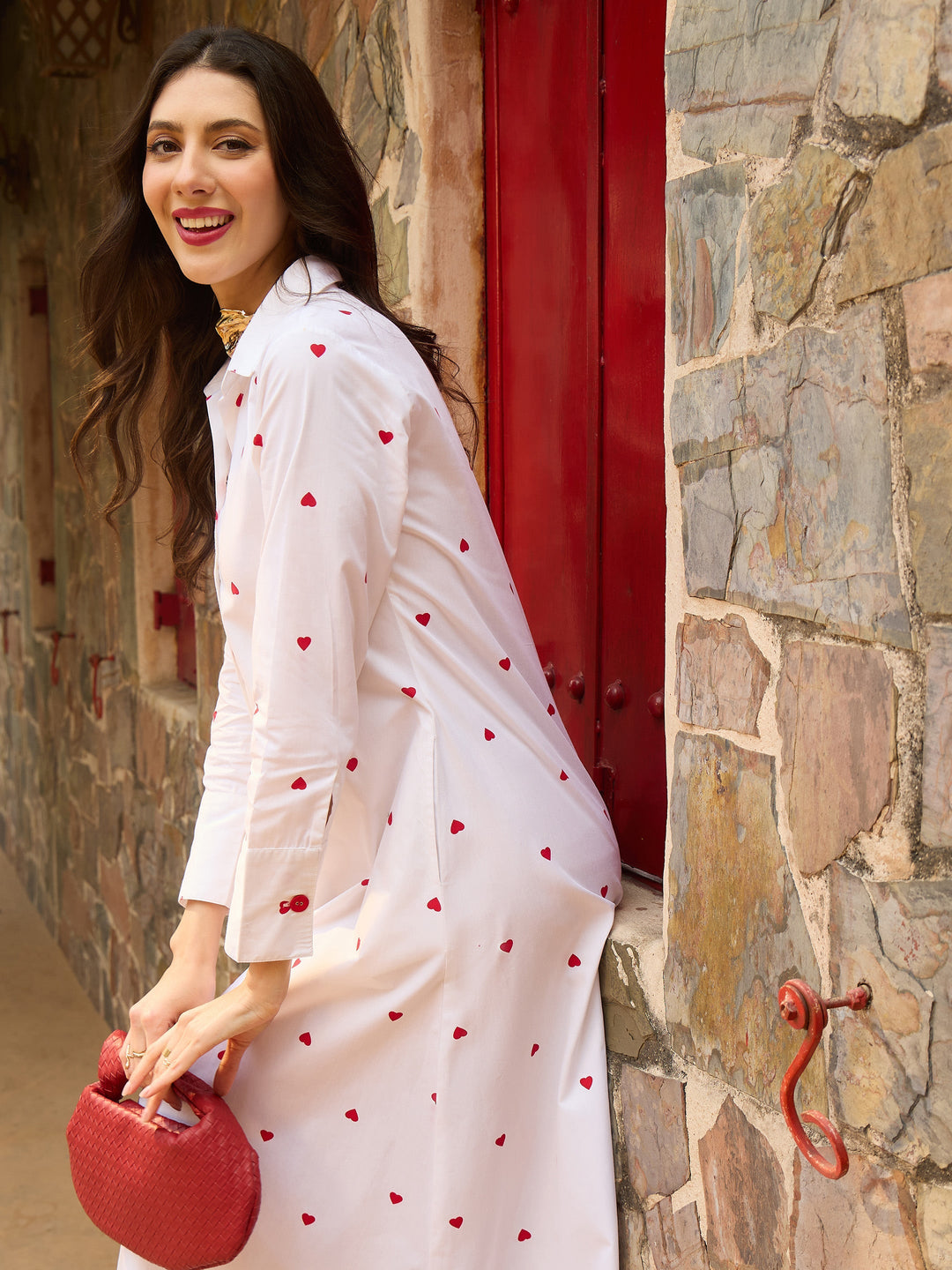 Women White Heart Print A-line Longline Shirt Dress