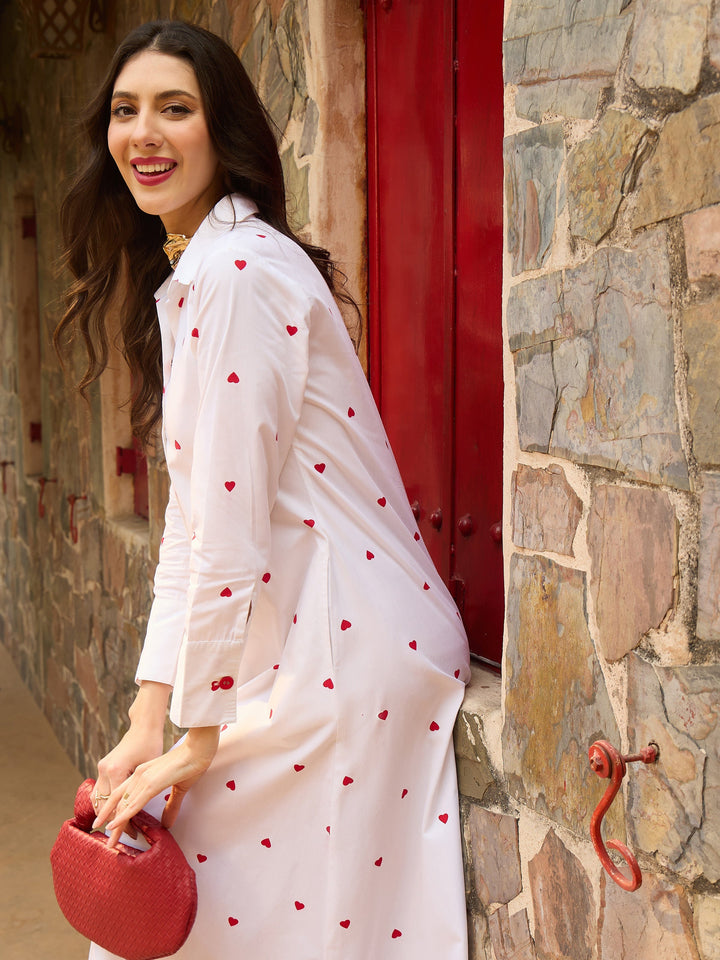 Women White Heart Print A-line Longline Shirt Dress