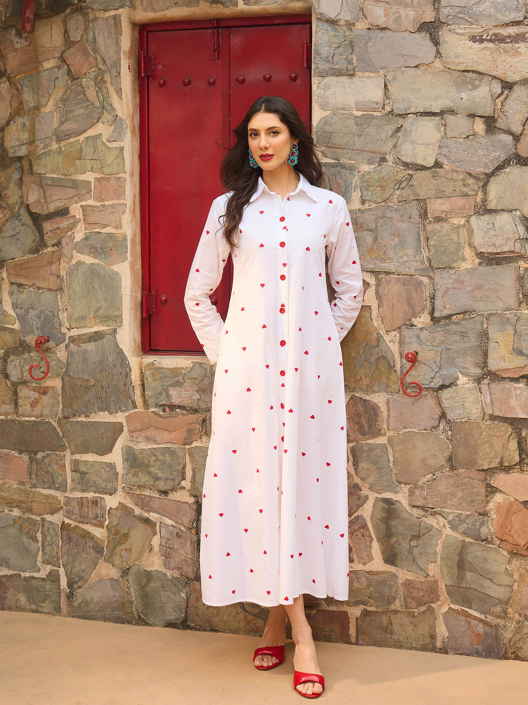 Women White Heart Print A-line Longline Shirt Dress