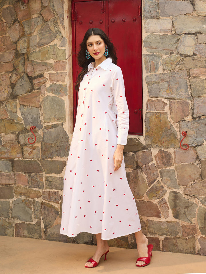 Women White Heart Print A-line Longline Shirt Dress