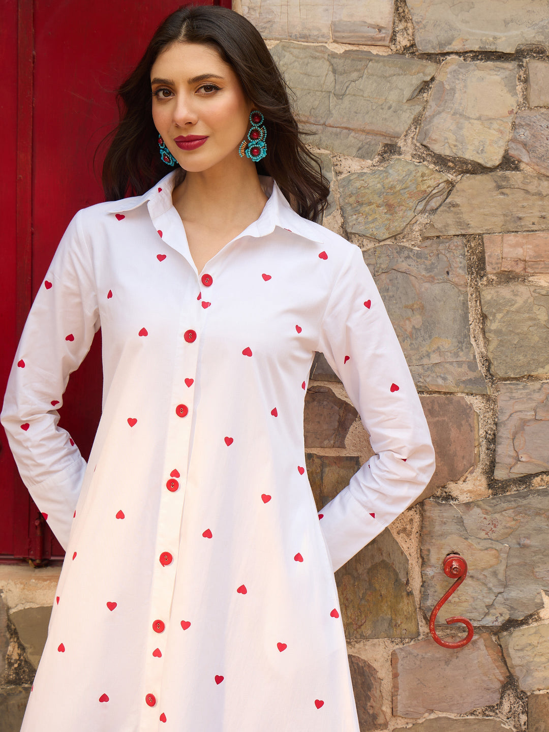 Women White Heart Print A-line Longline Shirt Dress