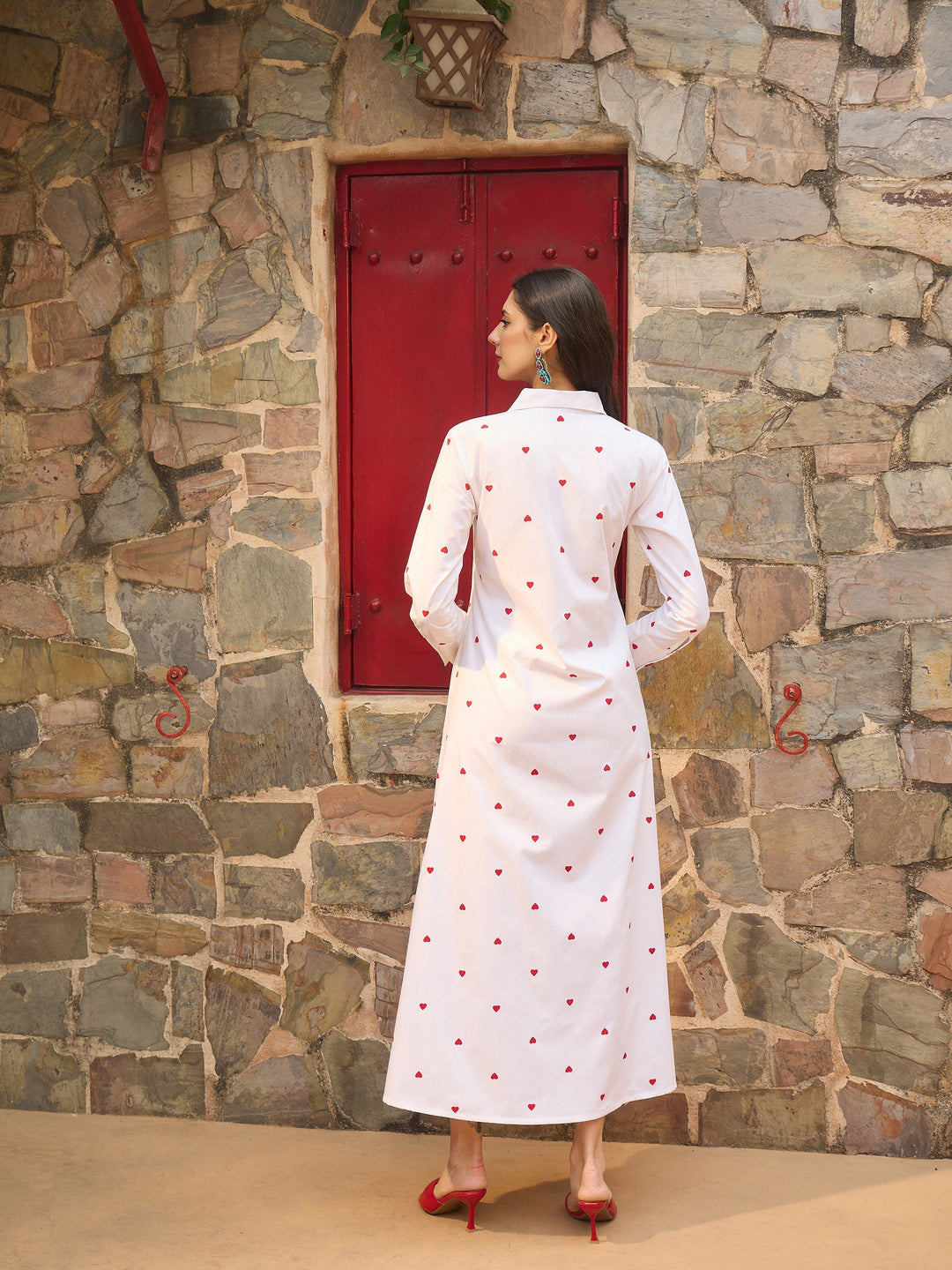 Women White Heart Print A-line Longline Shirt Dress