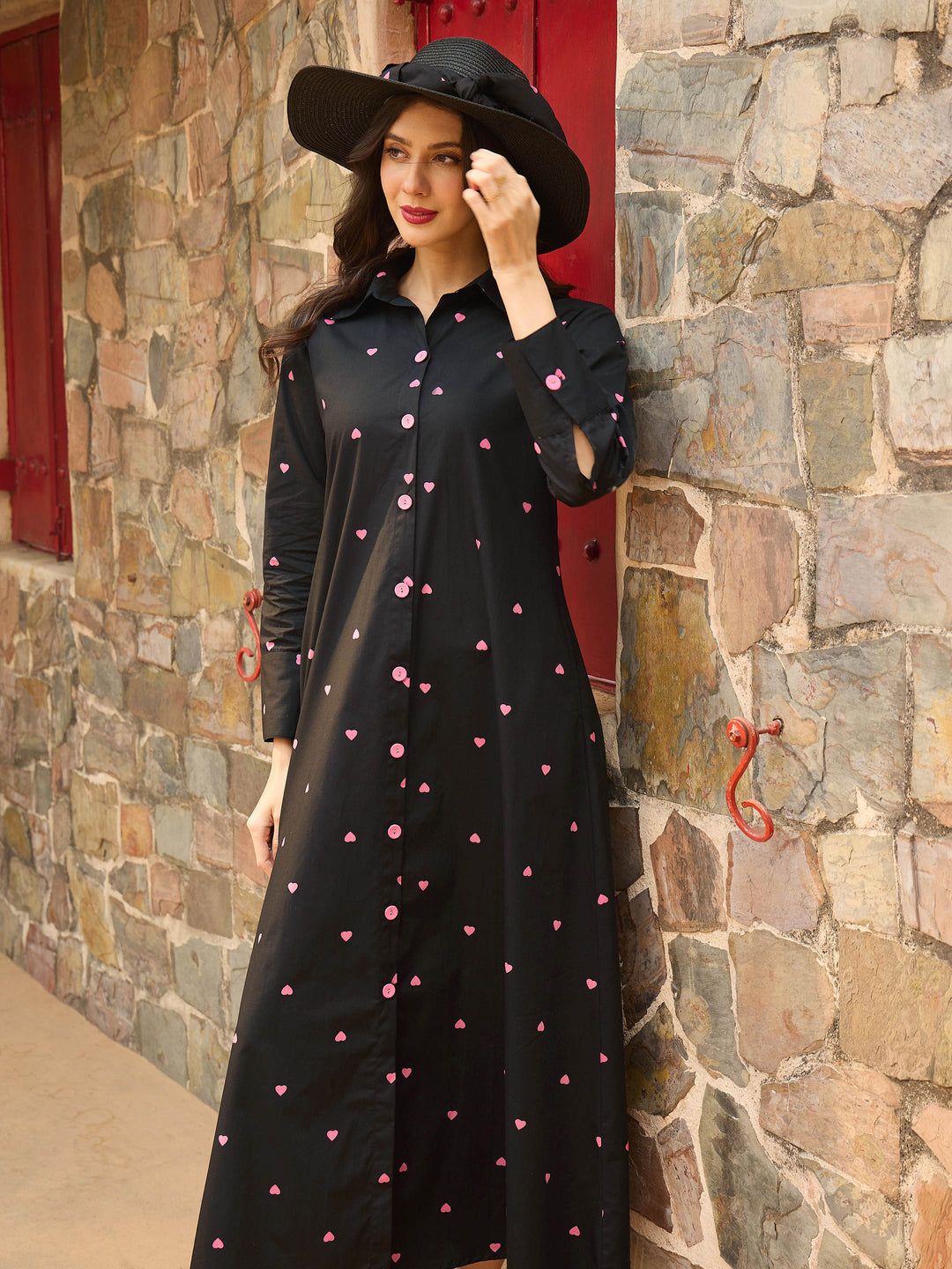 Women Black Heart Print A-line Longline Shirt Dress