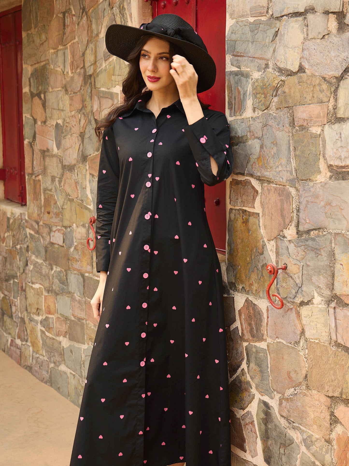 Women Black Heart Print A-line Longline Shirt Dress