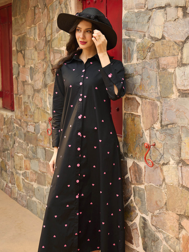 Women Black Heart Print A-line Longline Shirt Dress