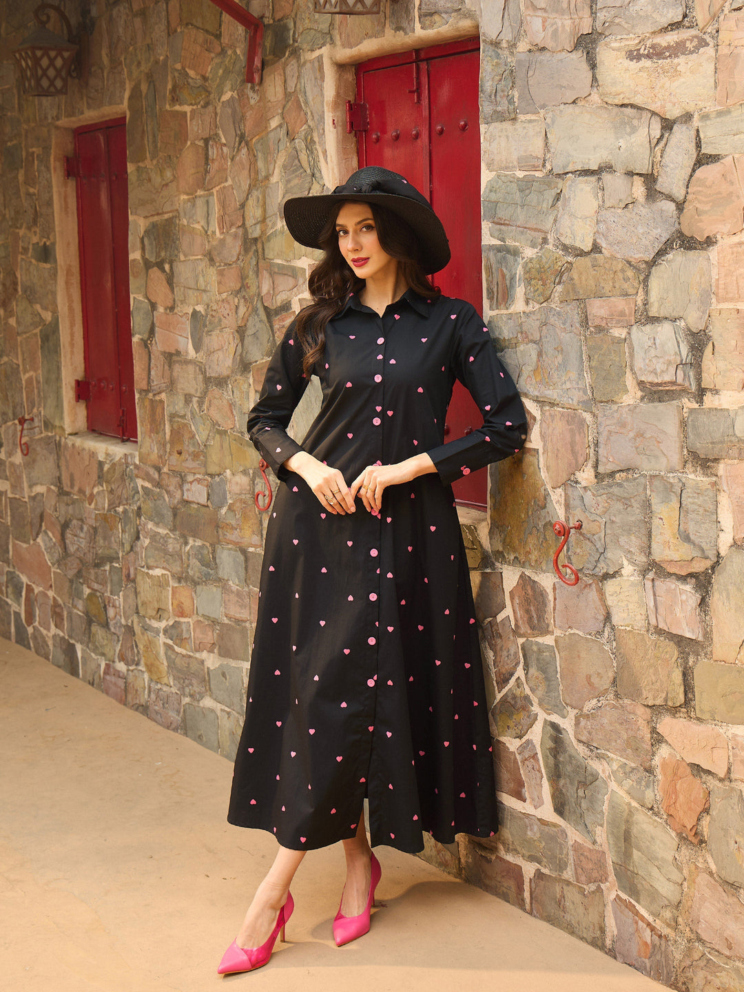 Women Black Heart Print A-line Longline Shirt Dress