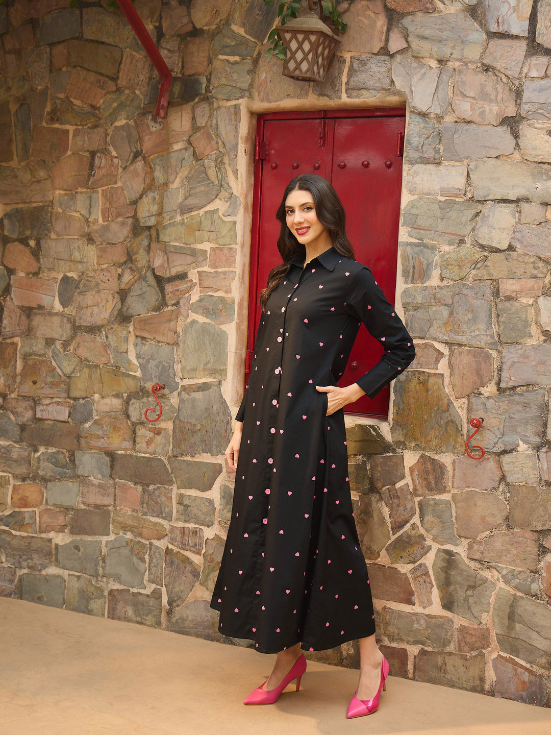 Women Black Heart Print A-line Longline Shirt Dress