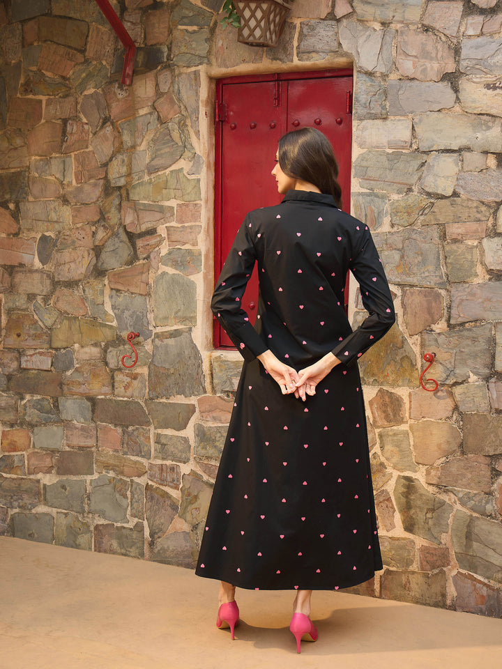 Women Black Heart Print A-line Longline Shirt Dress