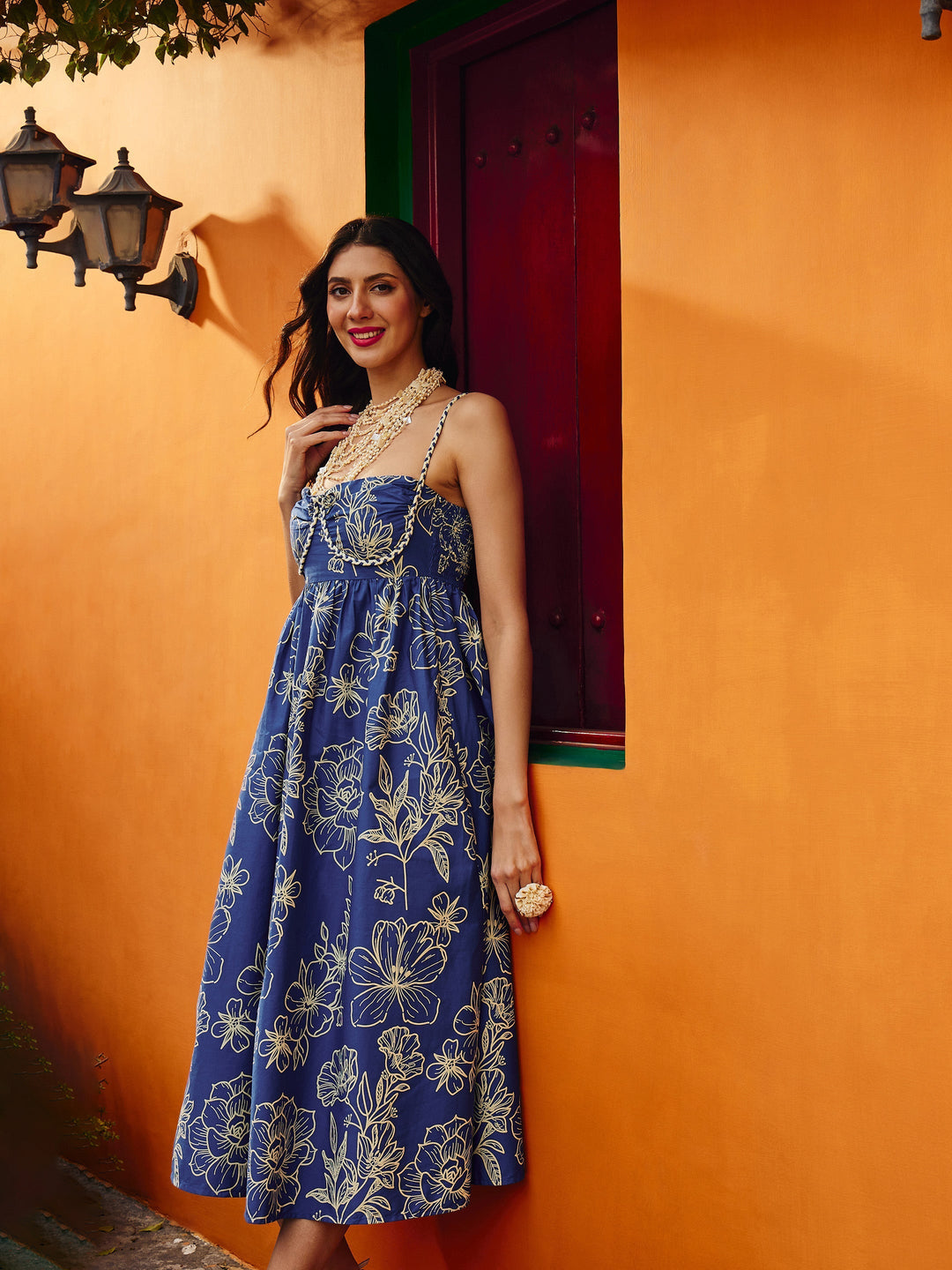 Women Blue &amp; Off White Floral Strappy Midi Dress