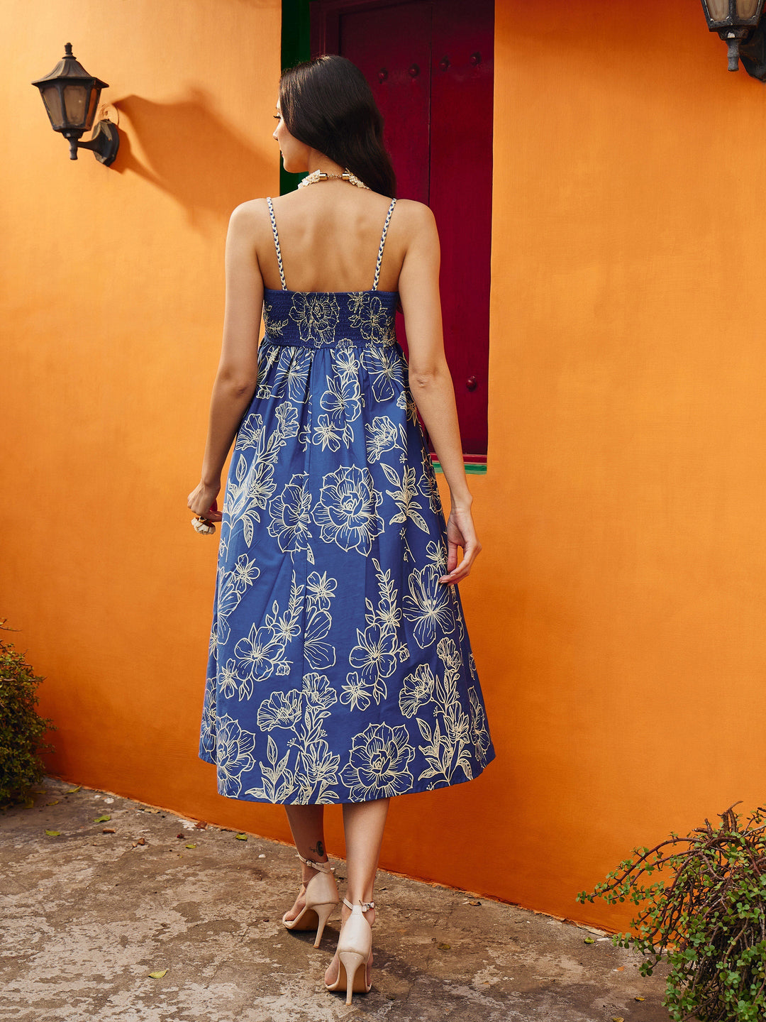 Women Blue &amp; Off White Floral Strappy Midi Dress