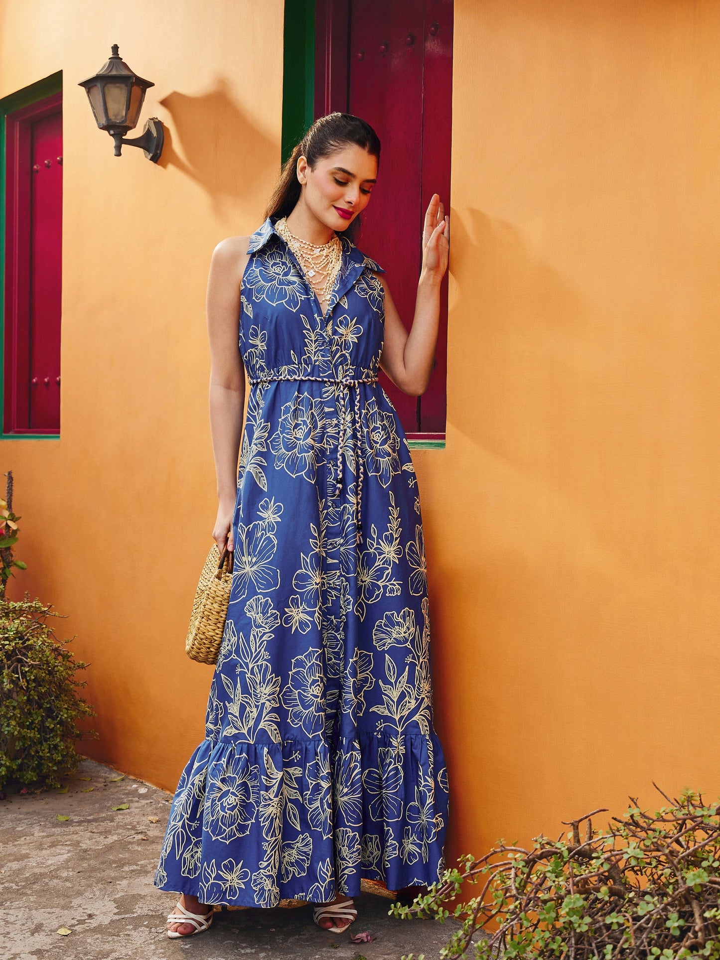 Women Blue & Off White Floral Front Button Maxi Dress
