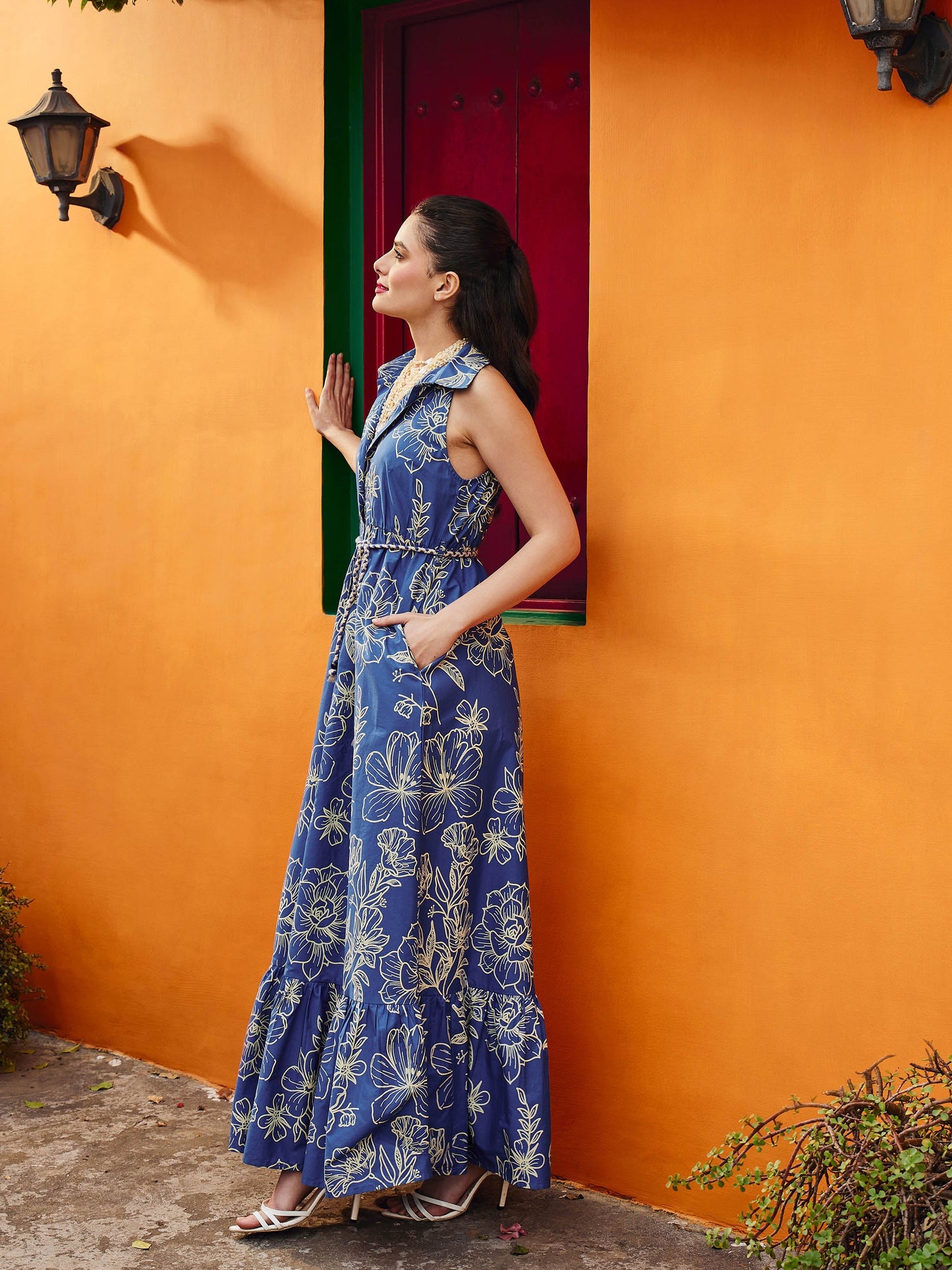 Women Blue & Off White Floral Front Button Maxi Dress