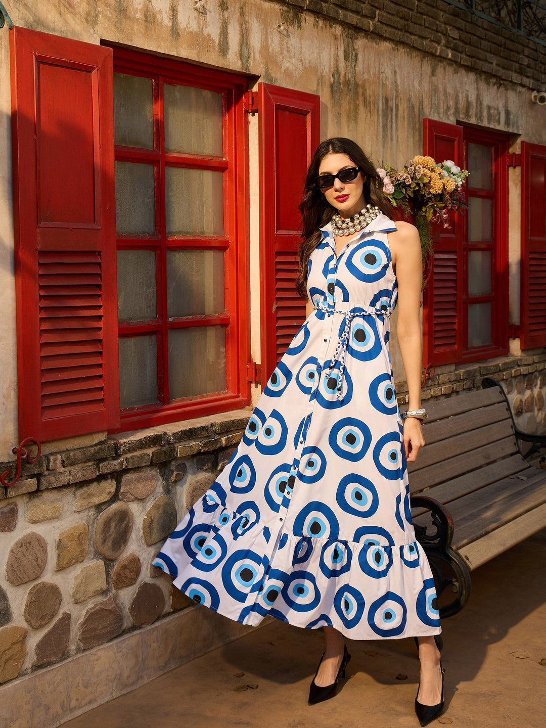 Women White Evil Eye Front Button Maxi Dress