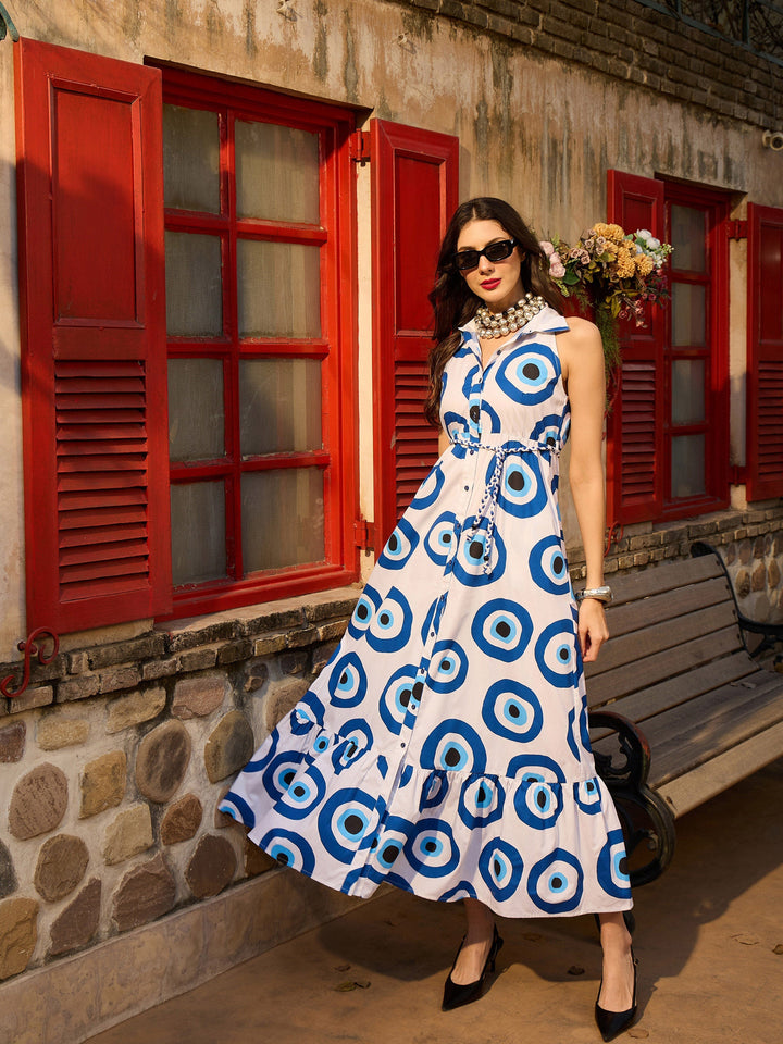 Women White Evil Eye Front Button Maxi Dress