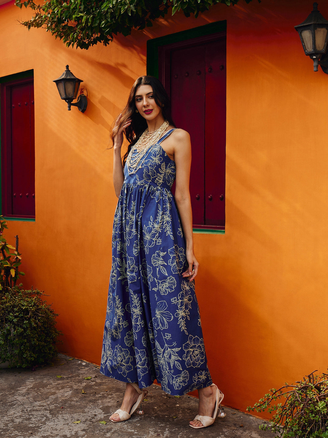 Women Blue &amp; Off White Floral Strappy Maxi Dress