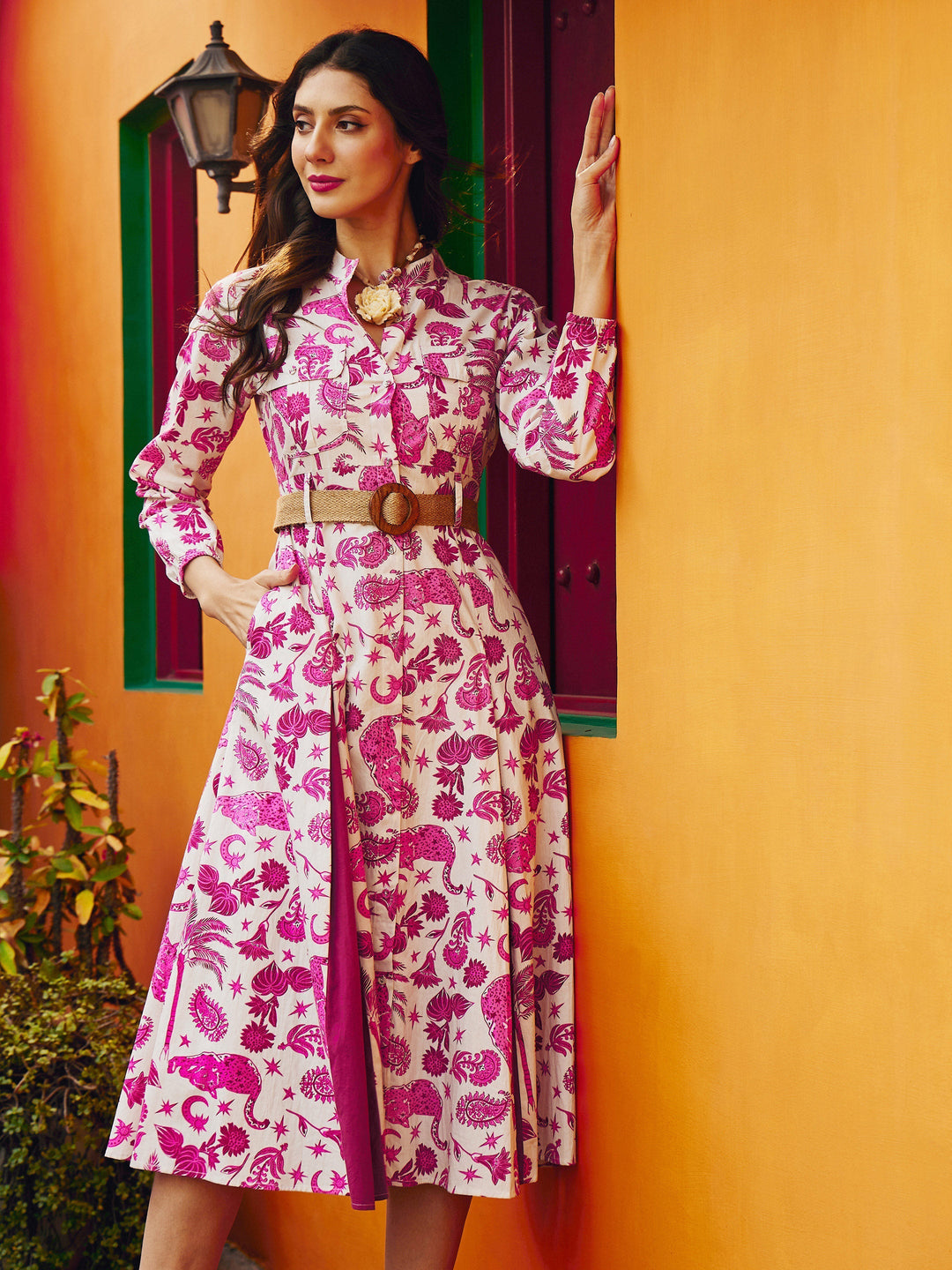 Women Pink Printed Kick Pleat Midi Dress