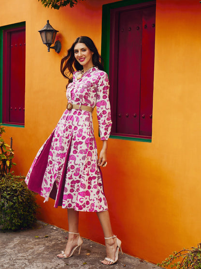 Women Pink Printed Kick Pleat Midi Dress