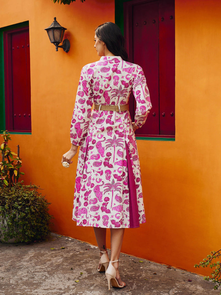 Women Pink Printed Kick Pleat Midi Dress
