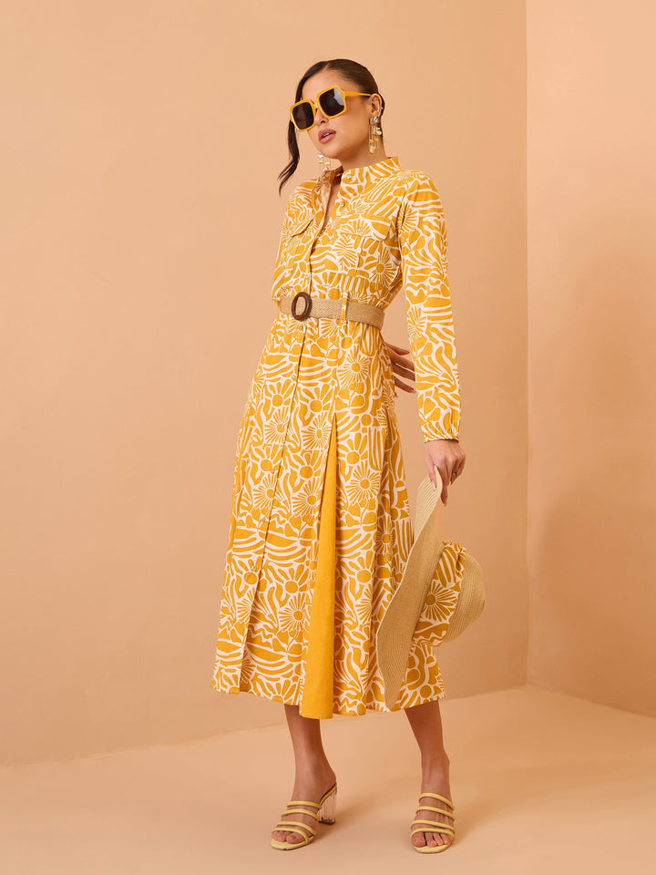 Women Yellow Floral Kick Pleat Midi Dress