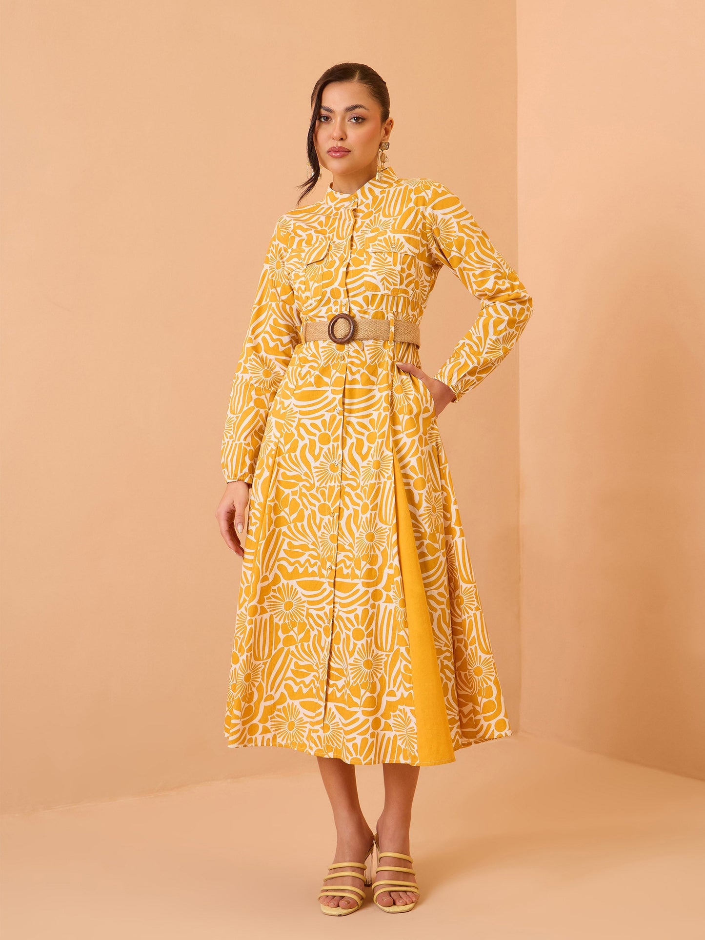 Women Yellow Floral Kick Pleat Midi Dress