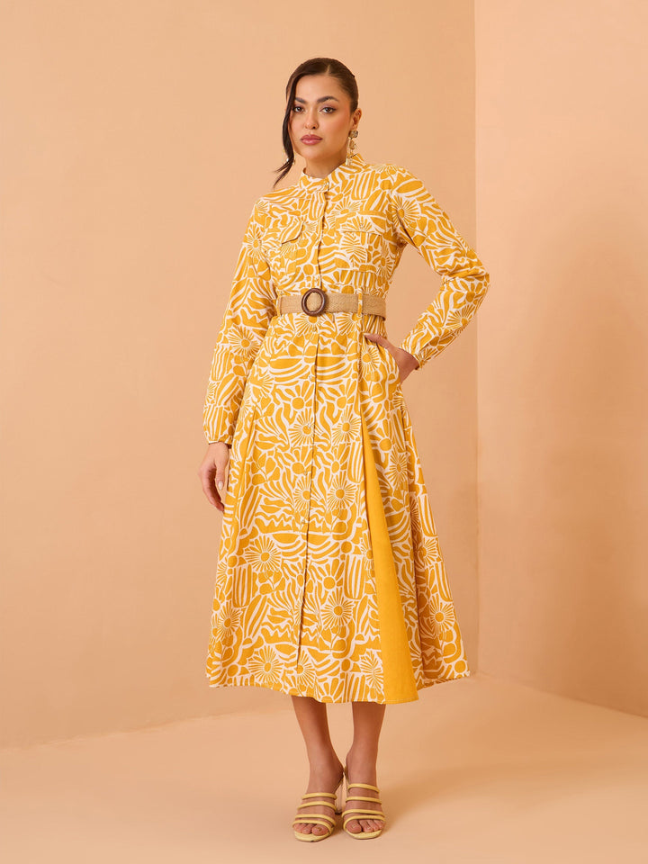 Women Yellow Floral Kick Pleat Midi Dress