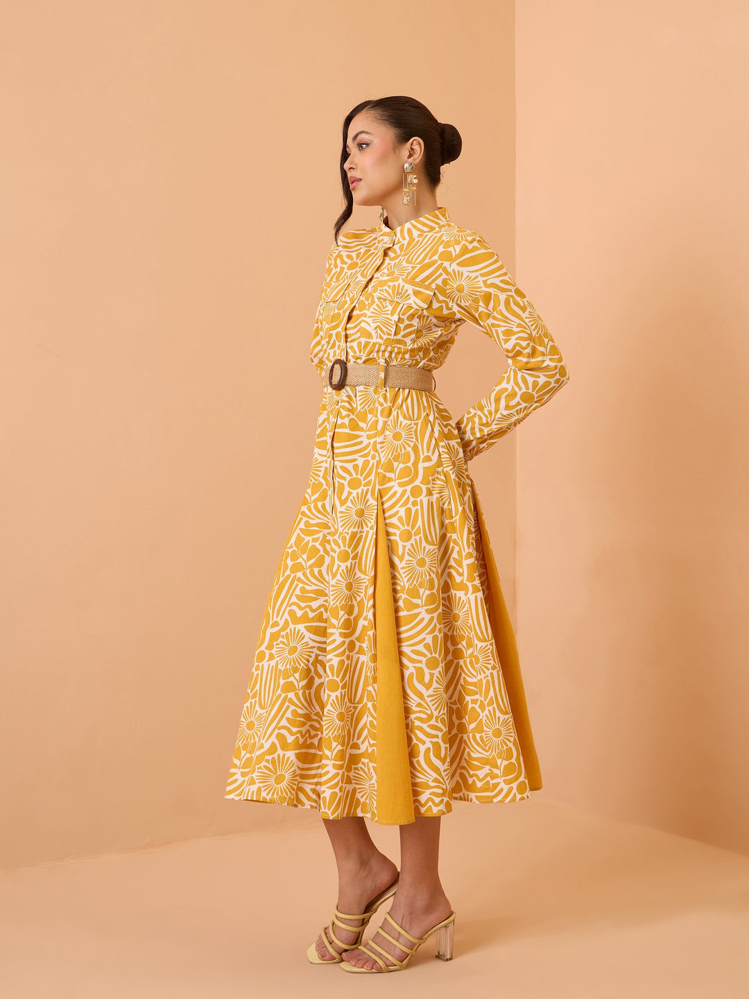 Women Yellow Floral Kick Pleat Midi Dress