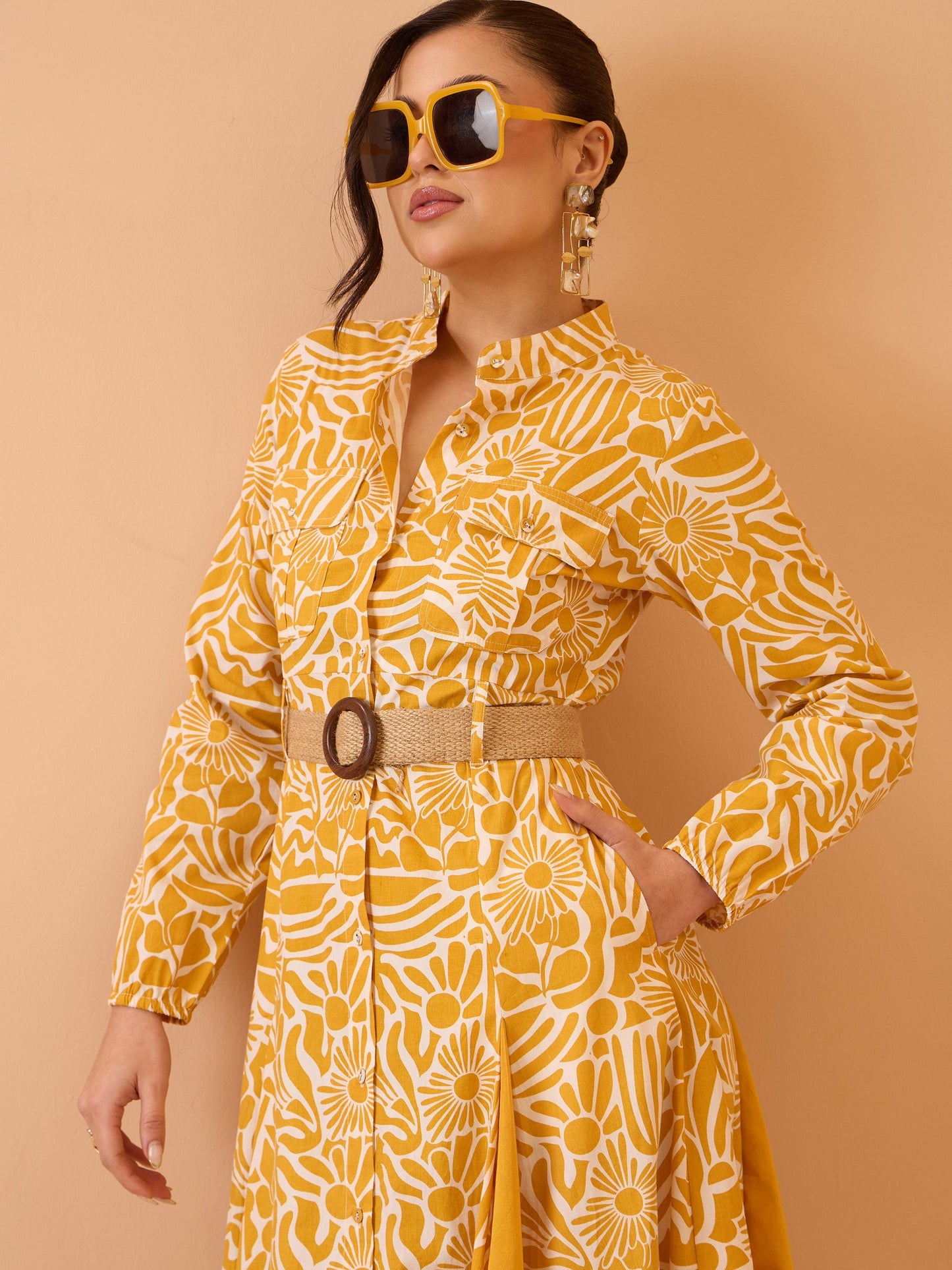 Women Yellow Floral Kick Pleat Midi Dress