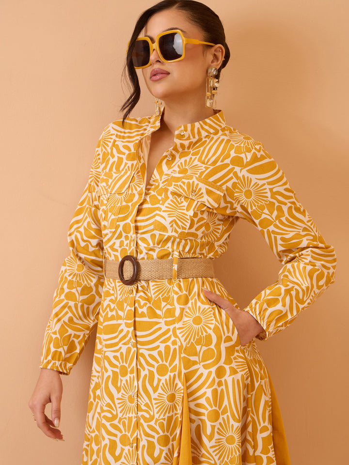 Women Yellow Floral Kick Pleat Midi Dress