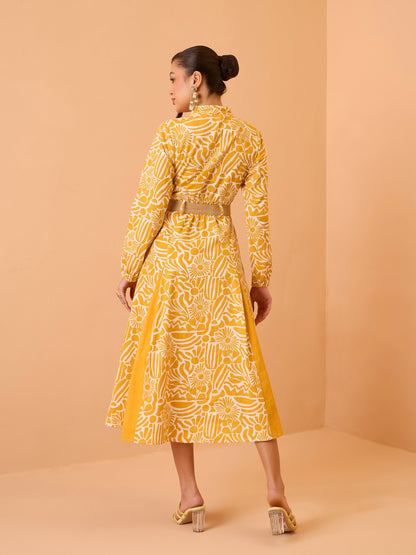 Women Yellow Floral Kick Pleat Midi Dress