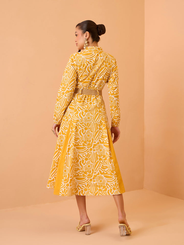 Women Yellow Floral Kick Pleat Midi Dress