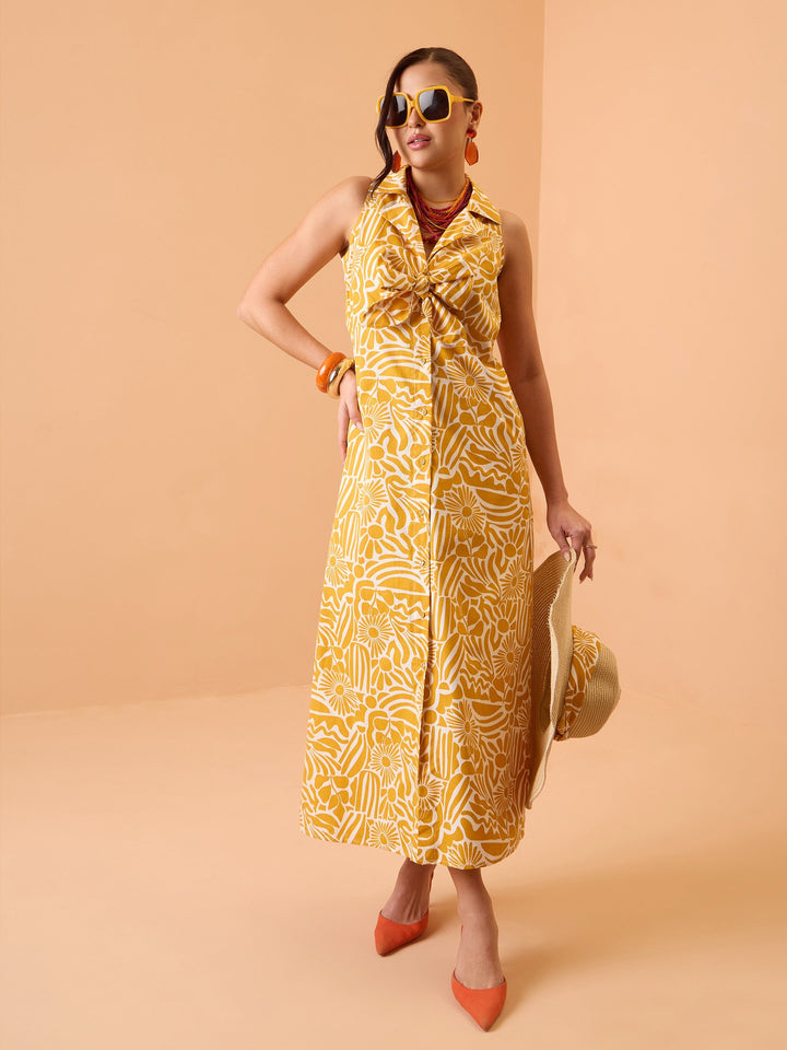 Women Yellow Floral Front Knot Button Down Midi Dress