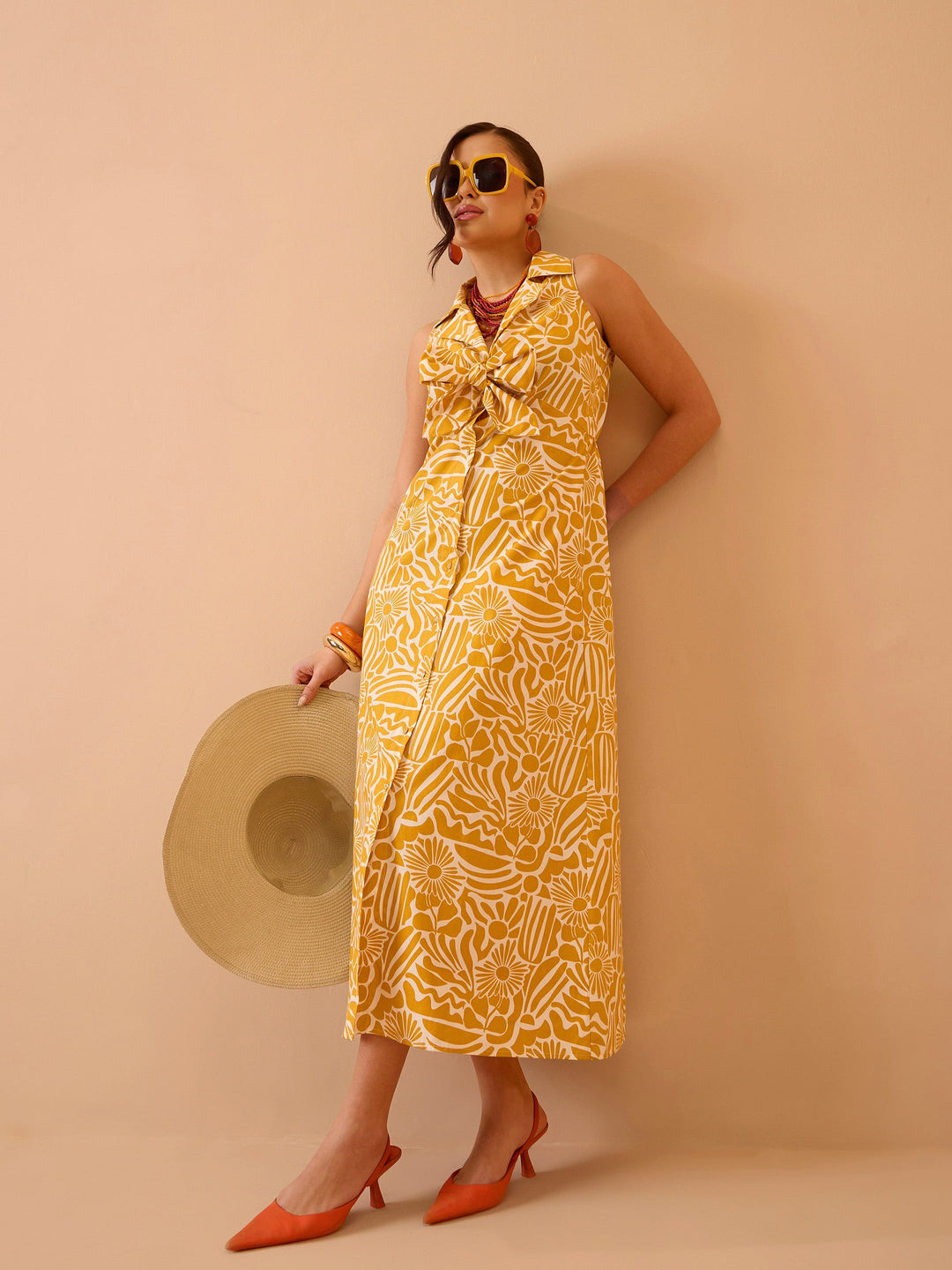 Women Yellow Floral Front Knot Button Down Midi Dress