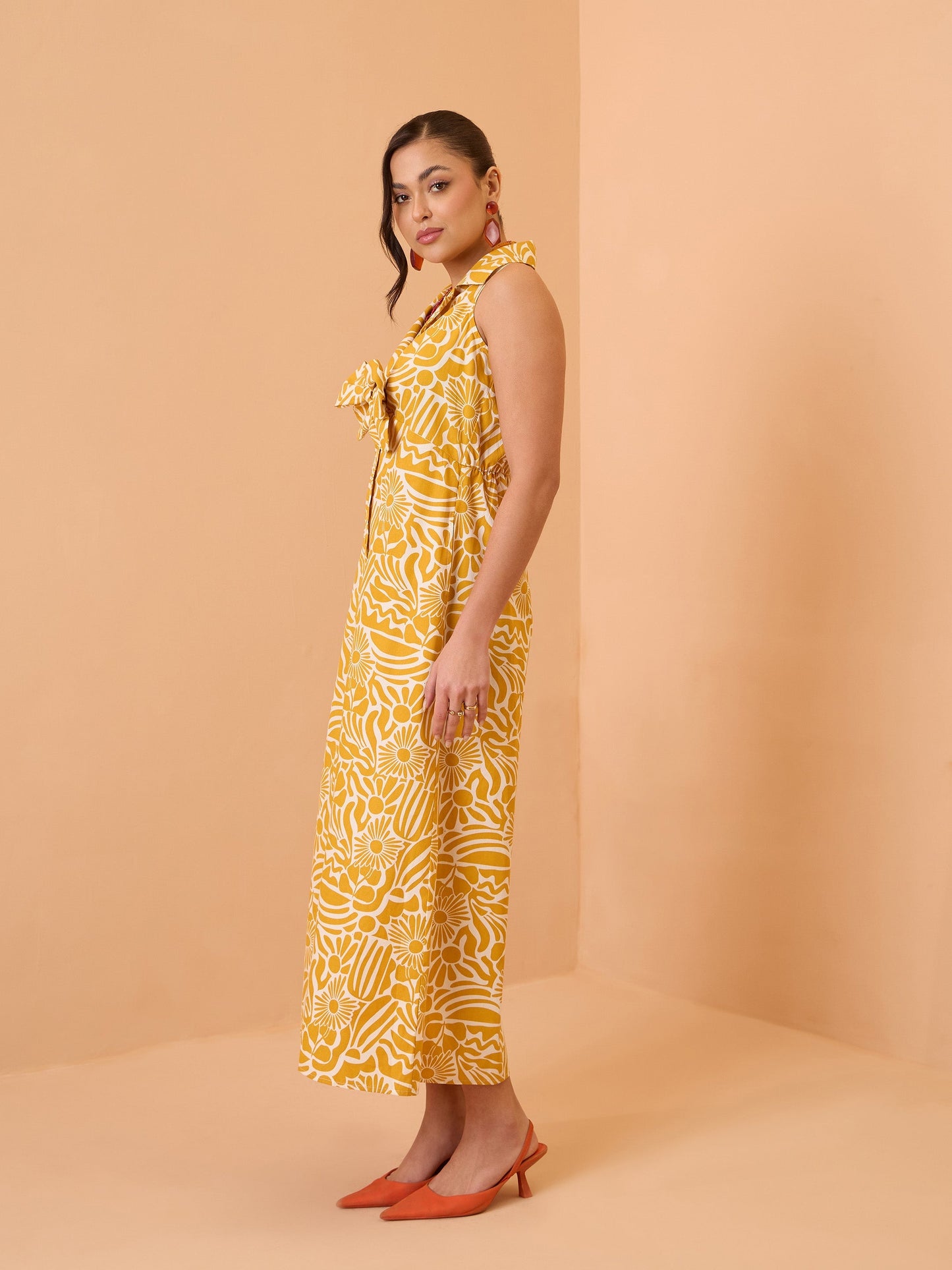 Women Yellow Floral Front Knot Button Down Midi Dress
