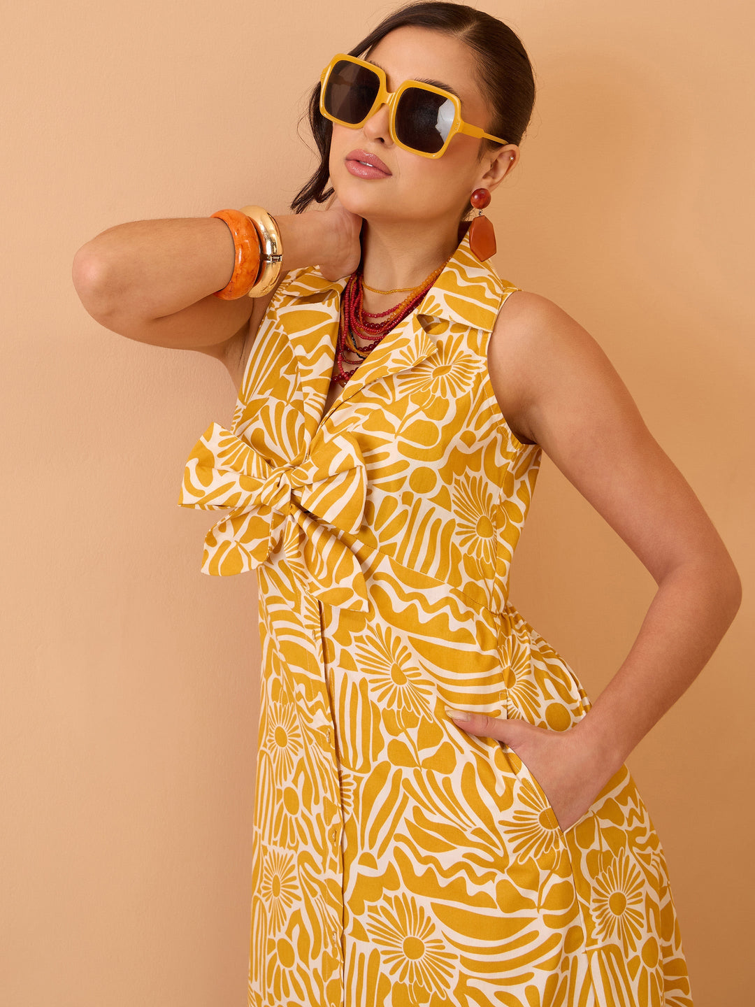Women Yellow Floral Front Knot Button Down Midi Dress