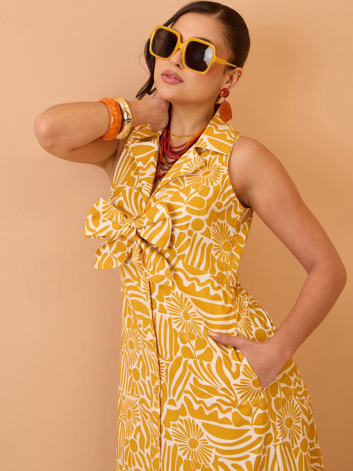 Women Yellow Floral Front Knot Button Down Midi Dress