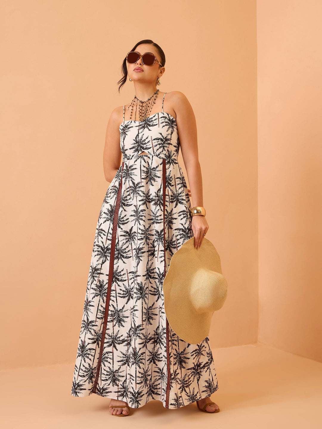 Women Black Printed Strappy Padded Midi Dress