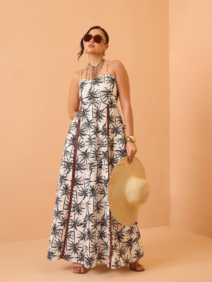 Women Black Printed Strappy Padded Midi Dress
