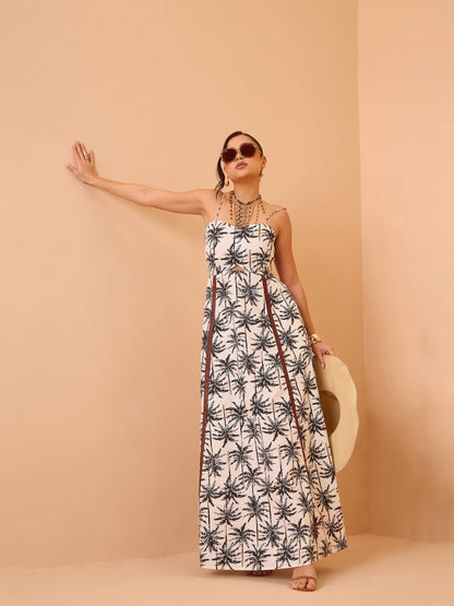 Women Black Printed Strappy Padded Midi Dress