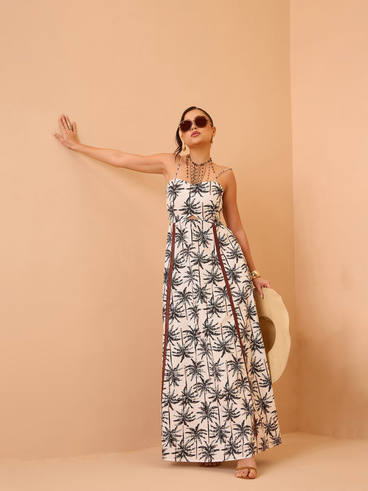 Women Black Printed Strappy Padded Midi Dress