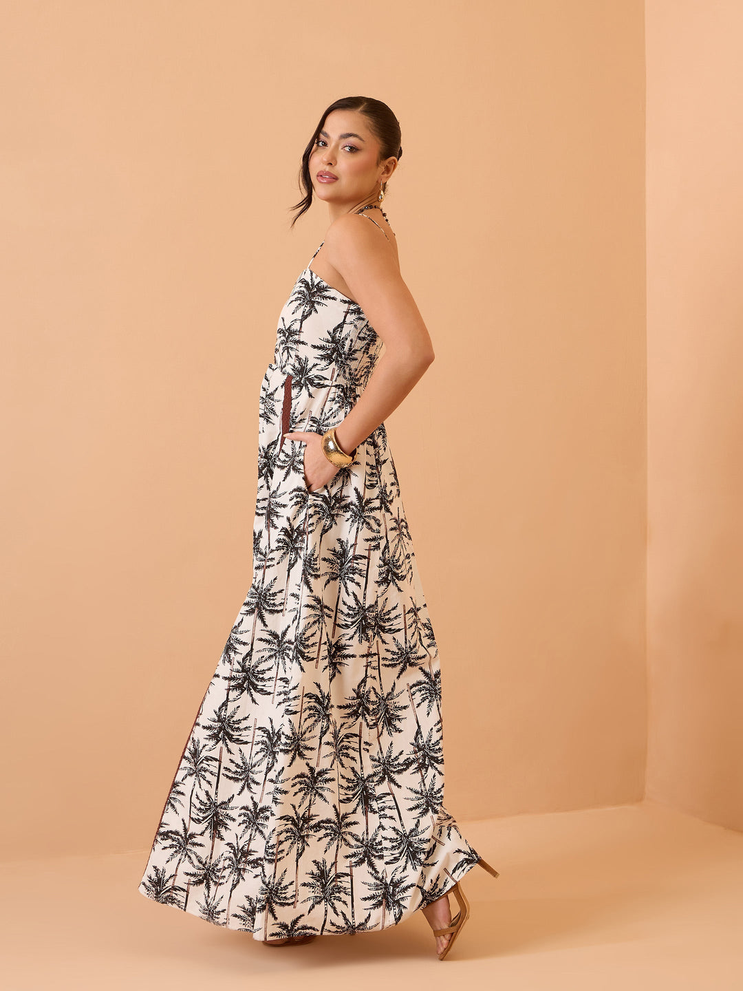Women Black Printed Strappy Padded Midi Dress