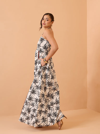 Women Black Printed Strappy Padded Midi Dress