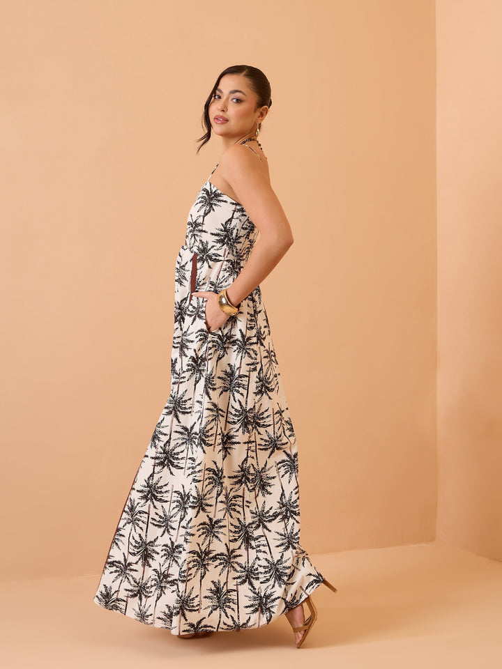 Women Black Printed Strappy Padded Midi Dress