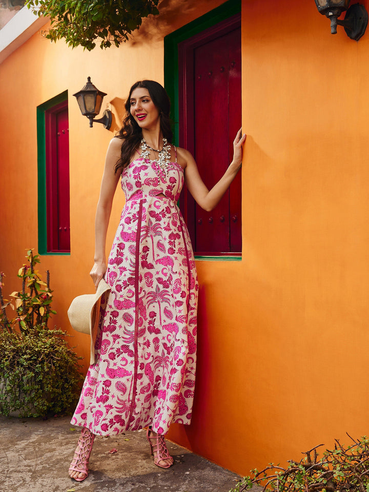 Women Pink Floral Strappy Padded Midi Dress