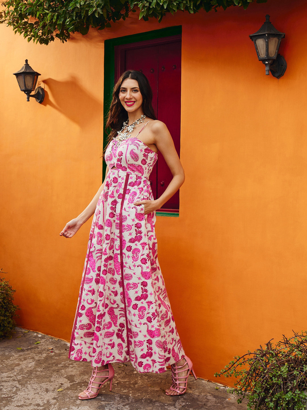 Women Pink Floral Strappy Padded Midi Dress