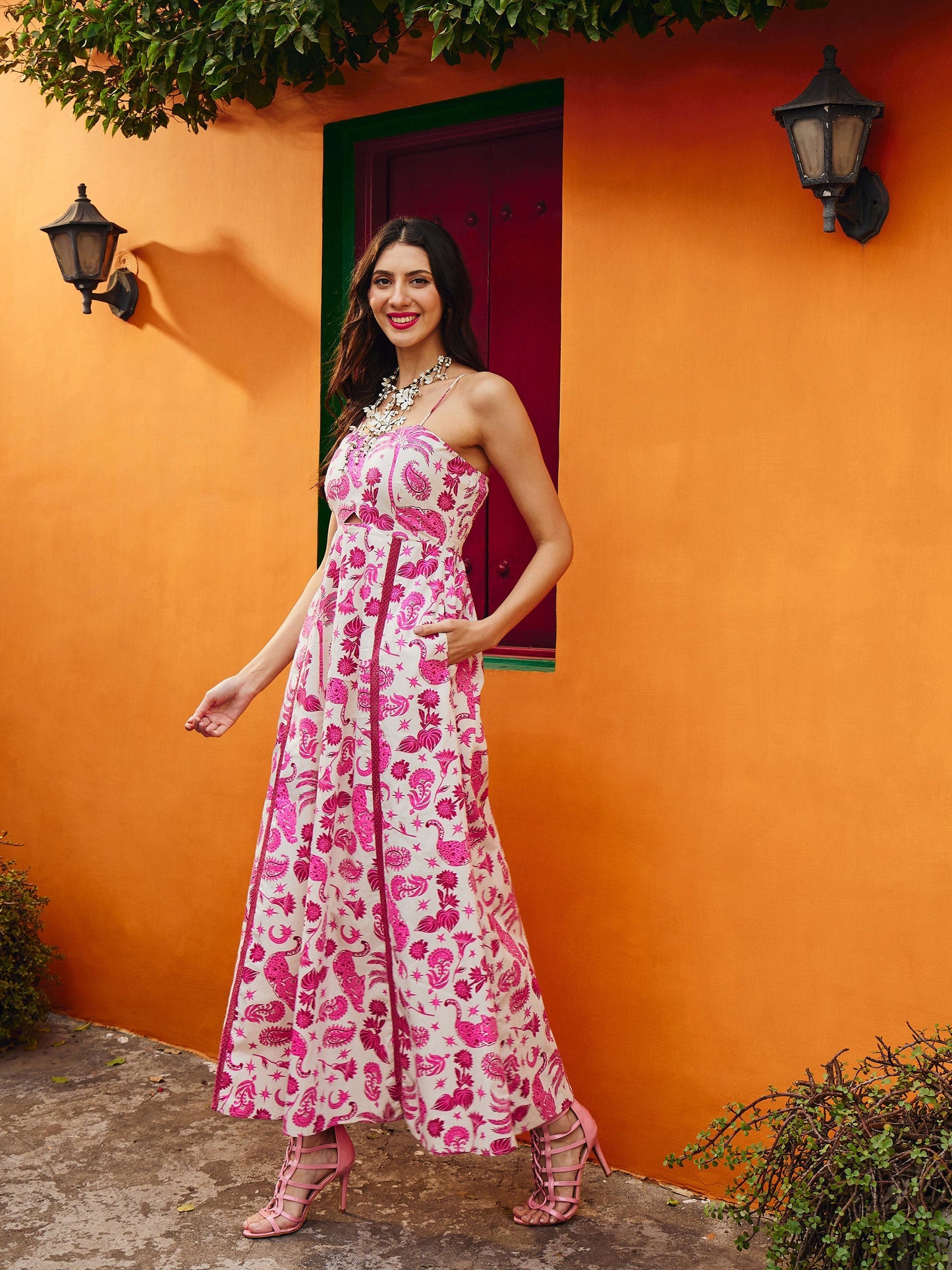 Women Pink Floral Strappy Padded Midi Dress