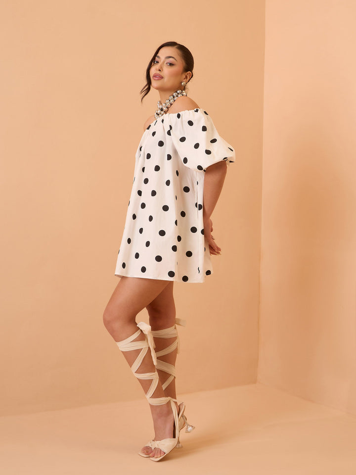 Women White &amp; Black Big Polka Dot Off Shoulder Short Dress
