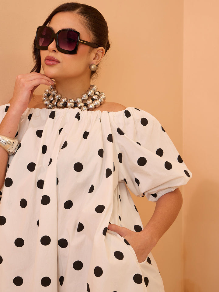 Women White &amp; Black Big Polka Dot Off Shoulder Short Dress
