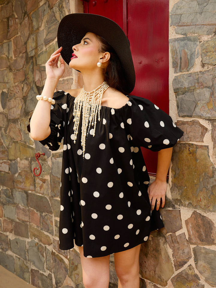 Women Black &amp; White Big Polka Dot Off Shoulder Short Dress