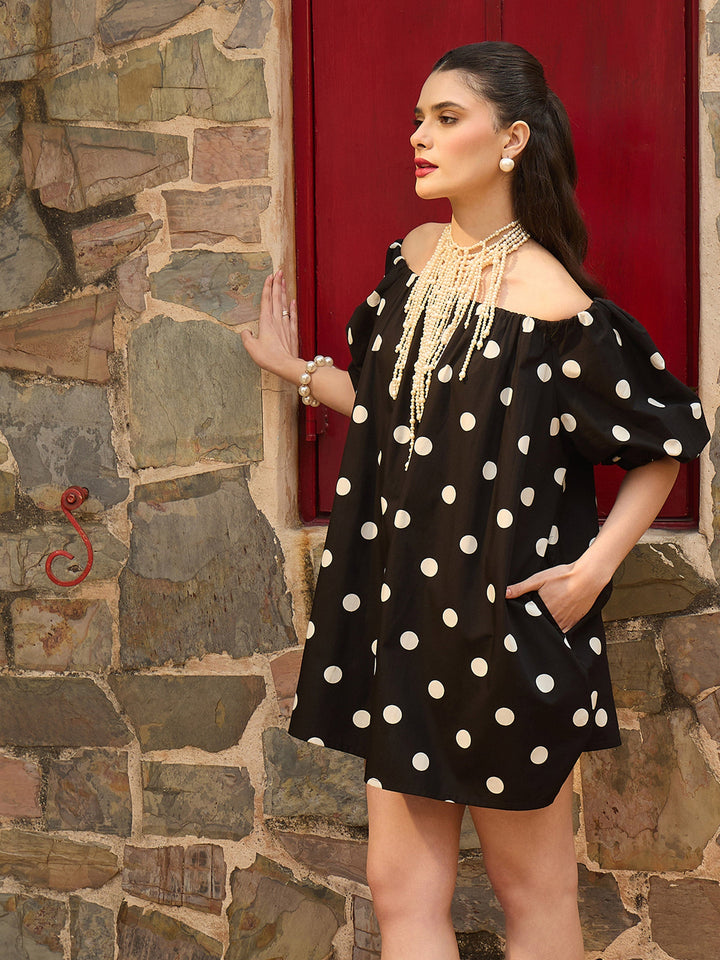 Women Black &amp; White Big Polka Dot Off Shoulder Short Dress
